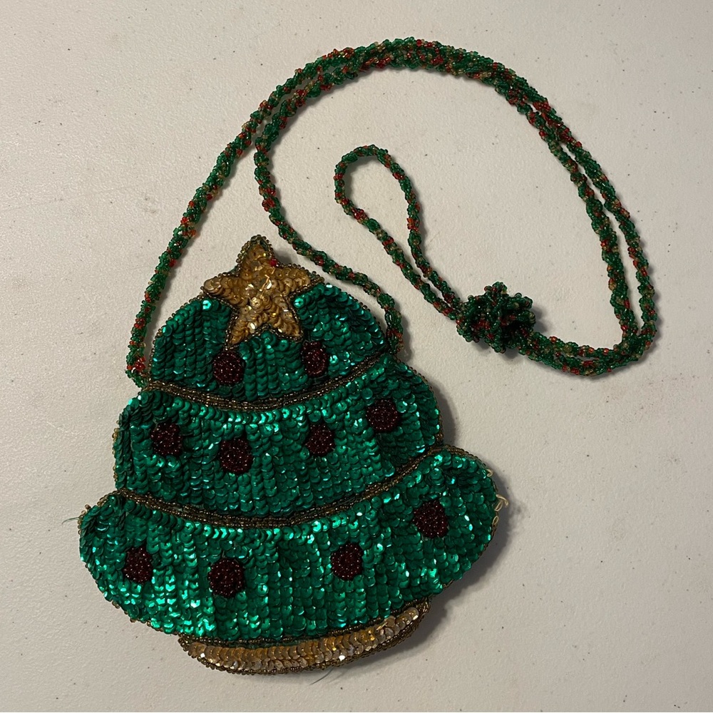 Vintage The Quacker Factory Christmas Tree Sequin Purse Crossbody Bag Rare